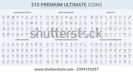Digital data transform, new technology and engineering, blockchain thin black line icons set vector illustration. Outline symbols of decentralized information system and cloud access protection
