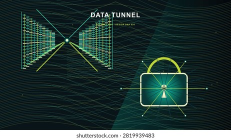 A digital data tunnel visualization with a glowing padlock icon representing cybersecurity and information protection.