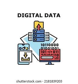 Digital Data Vector Icon Concept. Digital Data Storaging On Server Electronic Equipment And Download On Smartphone Device. Binary Code With Media File Information Color Illustration