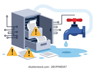 Digital database server spilling out confidential files next to a leaking water tap representing a data breach.