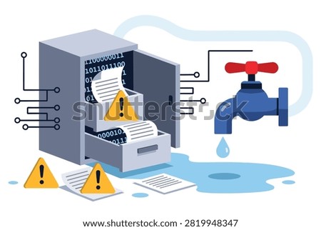Digital database server spilling out confidential files next to a leaking water tap representing a data breach.