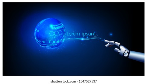 Digital datas on hologram with robot hand screen using globe  network  technology futuristic for background