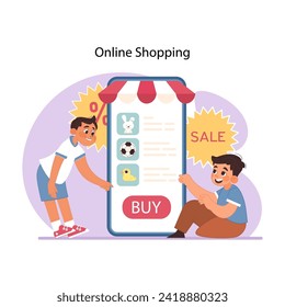 Digital deal delight concept. Kids experiencing the thrill of online shopping, choosing toys on digital sale through smartphone. The ease of e-commerce at their fingertips. Flat vector illustration