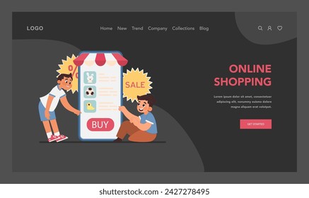 Digital deal delight concept. Kids experiencing the thrill of online shopping, choosing toys on digital sale through smartphone. The ease of e-commerce at their fingertips. Flat vector illustration