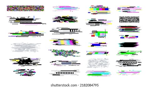 Digital decay elements. Television glitch effects, screen white noise and censored textures. Geometric darkness bright glitches. Pixel error racy vector set