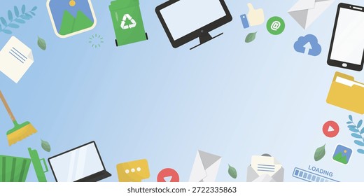 Banner de composição de reciclagem de vassoura de ícones de declutter digital.  Banner de dia de limpeza digital com espaço para cópia. Conceito de TI verde. Tecnologia responsável. Ilustração vetorial