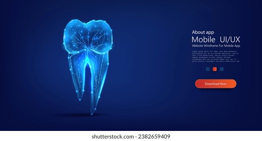 Digital Dental Concept: Abstract Glowing Molar Tooth with Network Connections on Deep Blue Background. Healthy tooth low poly landing page template. Vector illustration