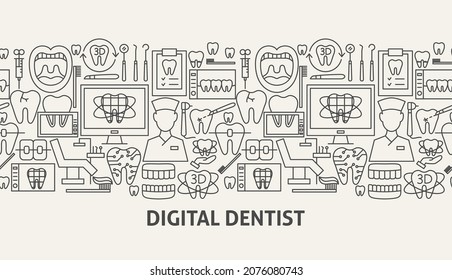 Digital Dentist Banner Concept. Vector Illustration of Outline Design.