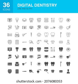 Iconos de glifos de la línea digital de la escritura digital Dentistry Line. Ilustración vectorial de contorno dental y símbolos sólidos. 