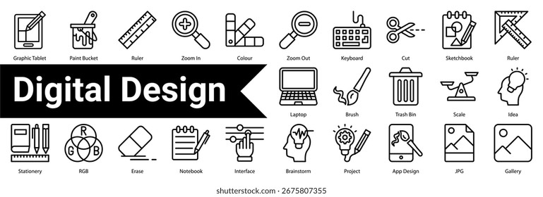 Coleção e Conjunto de Ícones de Design Digital Contendo: Grade, Tamanho, Documento de Texto, Layout, Pendrive, Impressora, Câmera Fotográfica, Engrenagem, Encadeamento, Ferramenta de Design, Folheto, Processador, Conta-gotas, Exibição, Tipografia, Caneta, Camadas, Vetor