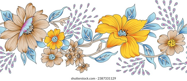 Digital Design background with colorful objects and flowers-digital-textile-design-flowers-leaves-Exquisite border design, border pattern, Motif, Graph
