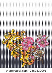 Digital Design background with colorful objects and flowers- digital-textile-design-flowers-leaves-Exquisite border design, border pattern, Motif, Graf