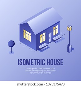 Digital design concept scene of small Isometric house for mobile app,internet page,banner.Isometric business social illustration-3d little building,tree,lantern,web online concept