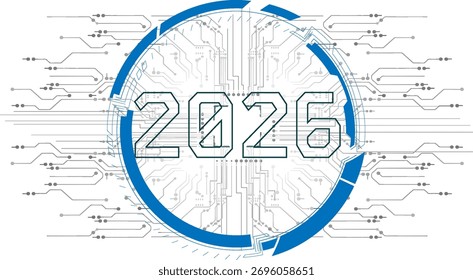 Conceito de design digital para o ano de 2026 com padrões de circuito e elementos futuristas
