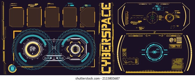 Digital design elements hud style. Trendy 2022 shapes in cyberpunk style. Bar labels,info box bars. Futuristic info boxes layout templates Cyberpunk retro futuristic poster set abstract cosmic shapes.