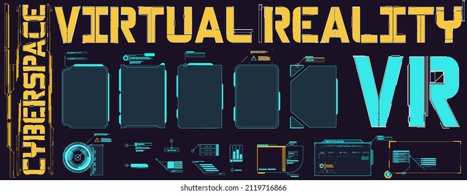Digital design elements hud style. Trendy 2022 shapes in cyberpunk style. Bar labels,info box bars. Futuristic info boxes layout templates Cyberpunk retro futuristic poster set abstract cosmic shapes.