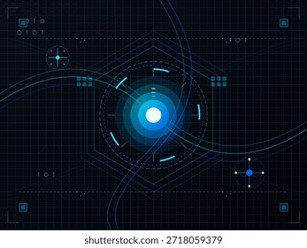 A digital design features shapes and lines in blue tones set against a dark backdrop. The artwork displays a blend of geometric forms and connections that create a tech-inspired feel.