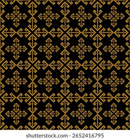 A digital design featuring repeated, symmetrical gold patterns resembling abstract starbursts a dark background
