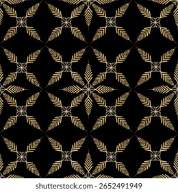 A digital design featuring repeated, symmetrical gold patterns resembling abstract starbursts a dark background
