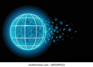 Digital design globe graphic, blue light illustration on black background.