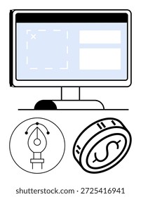 Diseño digital, creación gráfica, marketing online, freelancing, desarrollo de Web, finanzas. Una pantalla de computadora con herramientas de diseño, un icono de herramienta de pluma y una moneda de dólar. Diseño digital y marketing online