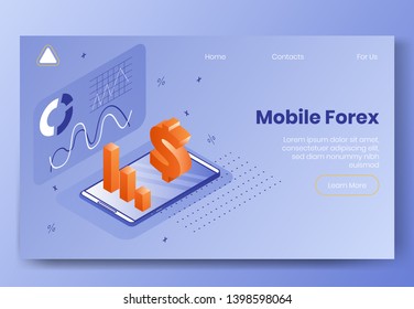 Digital design isometric concept scene of 3d icons for mobile forex app.Isometric business finance symbols-infographics,graphs,dollar icon,money,diagrams on landing page banner web online concept