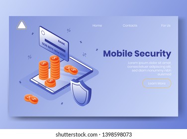 Digital design isometric concept scene of 3d icons for mobile security app.Isometric business finance symbols-credit card,coins,money protection shield on landing page banner web online concept