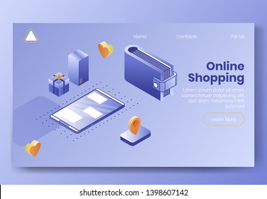Digital design isometric concept scene of 3d icons for online shopping app.Isometric business finance symbols-mobile phone,wallet,package boxes,geo tag,heart on landing page banner web online concept