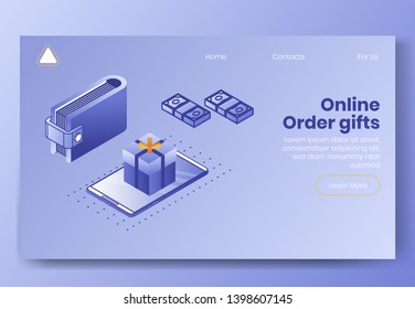 Digital design isometric concept scene of 3d icons for online order gifts app.Isometric business finance symbols-mobile phone,wallet,gift boxes,cash money on landing page banner web online concept