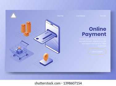 Digital design isometric concept scene of 3d icons for online payment app.Isometric business finance symbols-mobile phone,credit card,shopping cart,gift box on landing page banner web online concept