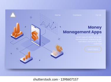 Digital design isometric concept scene of 3d icons for money managment app.Isometric business finance symbols-mobile phone,infographics,graphs,dollar,diagram on landing page banner web online concept