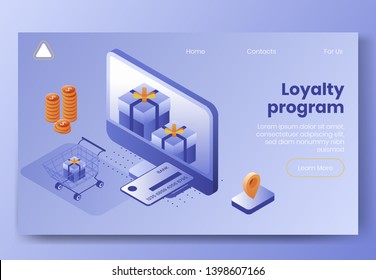 Digital Design Isometric Concept Scene Of 3d Icons For Loyalty Program.Isometric Business Finance Symbols-credit Card,gift Boxes,coins,shopping Cart,geo Tag On Landing Page Banner Web Online Concept