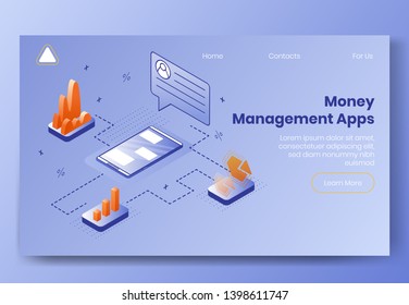 Digital design isometric concept scene of 3d icons for money managment app.Isometric business finance symbols-infographics,graphs,user profile,diagrams on landing page banner web online concept