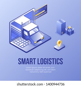 Digital design isometric concept scene 3d icons for online smart logistics app.Isometric business finance symbols-bank card,package boxes,car truck,laptop up on landing page banner web online concept