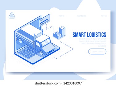 Digital Design Isometric Concept Scene 3d Icons For Online Smart Logistics App.Isometric Business Finance Symbols-bank Card,package Boxes,car Truck,laptop Up On Landing Page Banner Web Online Concept