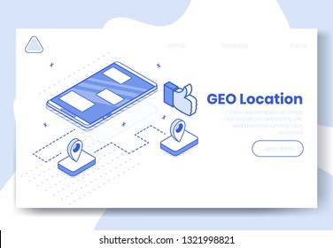 Digital design isometric concept set of 3d icons for GEO location app.Isometric social network symbols-mobile phone,geo tags,thumb up on landing page banner web online concept,ready to use design