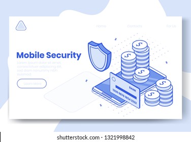 Digital design isometric concept set of 3d icons for mobile security app.Isometric business finance symbols-credit card,coins,money protection shield on landing page banner web online concept