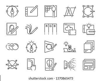 Digital Design Line Icon Set. Included Icons As Graphic Designer, Layout, Tablet, Mobile App, Web Design And More.