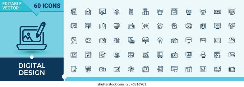 Digital Design linear icon collection. Includes thin line painting, artwork, website, idea, pen, ui, computer and more. Thin linear style icons. Solid line editable stroke.