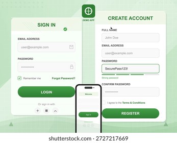 Um design digital mostra o processo de entrada e criação de uma conta em um aplicativo móvel. Inclui campos para e-mail, senha e consentimento do usuário.