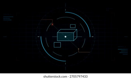 Ein digitales Design zeigt ein zentrales Rechteck, das von kleineren Formen umgeben ist. Linien und Punkte zeigen auf dunklem Hintergrund Zielfeatures an.