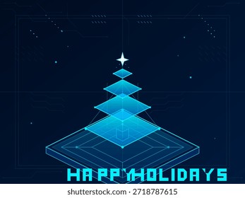 Ein digitales Design zeigt einen geometrischen Baum mit Schichten von blauen Formen und einem Stern auf der Oberseite. Der Text am Ende sagt fröhliche Feiertage in fetten Buchstaben aus. Dies schafft eine festliche Atmosphäre.