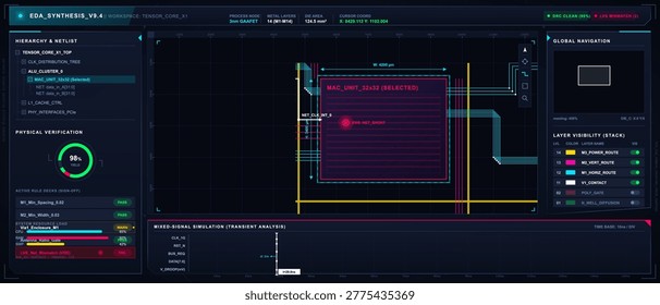 A digital design tool displays the EDA synthesis process with various components and signals highlighted. The tool shows data for circuit analysis and verification at a specific moment.