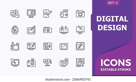 Digital Design vector icon set. Includes thin line development, art, pen, drawing, typography, graffiti, picture, graphic. Outline icon. Vector outline icons collection.