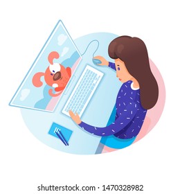 Digital designer, artist flat vector illustration. Young woman working with graphic tablet cartoon character. Creative lady drawing dog, holding stylus. Studio job, freelance, home workplace
