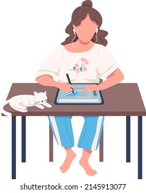 Digital designer with cat semi flat color vector character. Sitting figure. Remote work. Full body person on white. Simple cartoon style illustration for web graphic design and animation