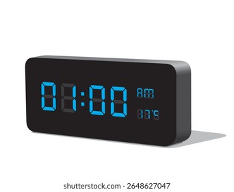 Digital Desk Clock in Blue Display Show 01.00 with AM and PM and Temperature Display in Celsius. Realistic vector illustration isolated, eps