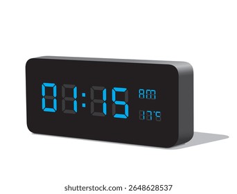 Digital Desk Clock in Blue Display Show 01.15 with AM and PM and Temperature Display in Celsius. Realistic vector illustration isolated, eps