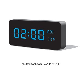 Relógio Digital de Mesa em Exibição Azul Show 02.00 com AM e PM e Exibição de Temperatura em Celsius. Ilustração vetorial realista isolada, eps