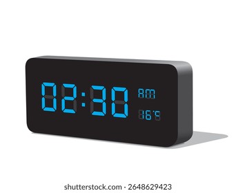Relógio de mesa digital em exposição azul 02:30 com AM e PM e exibição de temperatura em Celsius. Ilustração vetorial realista isolada, eps